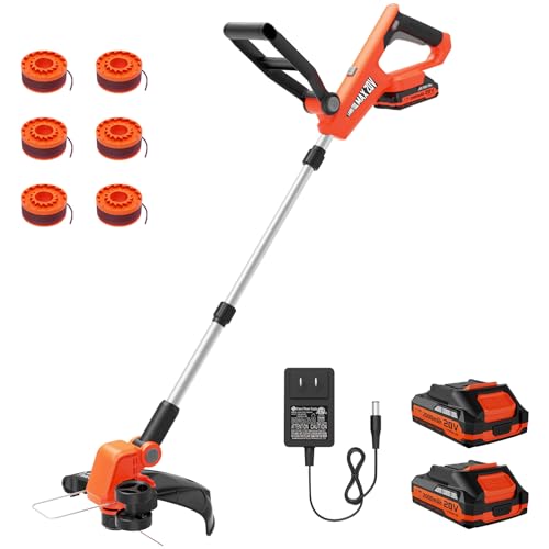 VARSK 20V String Trimmer Cordless Weed Wacker, 12 Inch 2 in 1 Trimmer and Edger, Automatic Line Feed, Includes 2 X 2.0Ah Batteries/1 X Fast Charger/6 X Spare Spools, Weed Eater for Lawn, Garden, etc