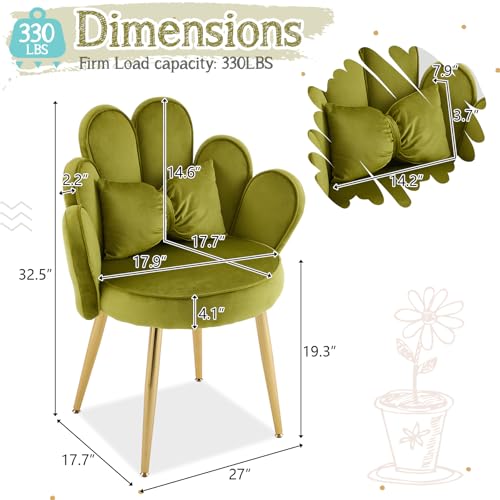 VINGLI Petal Makeup Vanity Chair with Back,Flower Cute Girls Desk Chair Comfy No Wheels,Modern Dining Chair,Small Accent Chair with Adustable Gold Legs&Bow Pillow for Home Office,Velvet,Olive Green - Image 3