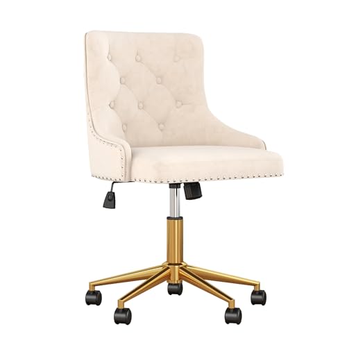 Velvet Armless Home Office Desk Chair, Swivel Height-Adjustable Small Cute Vanity Chair for Women/Girls, Comfy Makeup Chair with Rivet and Gold Base for Living Room, Bedroom(Beige)