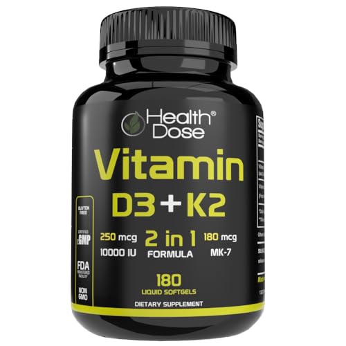 Vitamin D3 10,000 IU + K2 (MK7) Supplement, 2-in-1 Formula, Immune Support, a Healthy Mood, Heart, Joint, Teeth, Bone Health, Calcium Absorption, 180 softgels. (1)