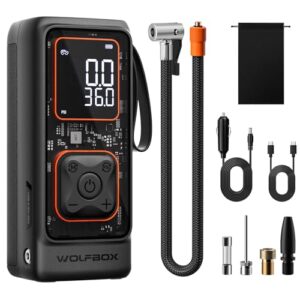 WOLFBOX 12000mAh&150PSI Tire Inflator Portable Air Compressor, Cordless Air Pump for Car Tires with Digital Pressure Gauge, Portable Tire Pump, 1-Min Fast Inflation, Auto Shut-Off, LED Flashlight