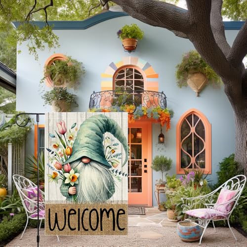 Welcome Spring Garden Flag 12x18 inch Burlap Double Sided Gnome Colorful Floral Small summer Garden Flags Decorations For Outside Yard Home Outdoor Patio Lawn Decor - Image 3