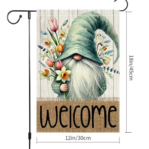 Welcome Spring Garden Flag 12x18 inch Burlap Double Sided Gnome Colorful Floral Small summer Garden Flags Decorations For Outside Yard Home Outdoor Patio Lawn Decor - Image 4