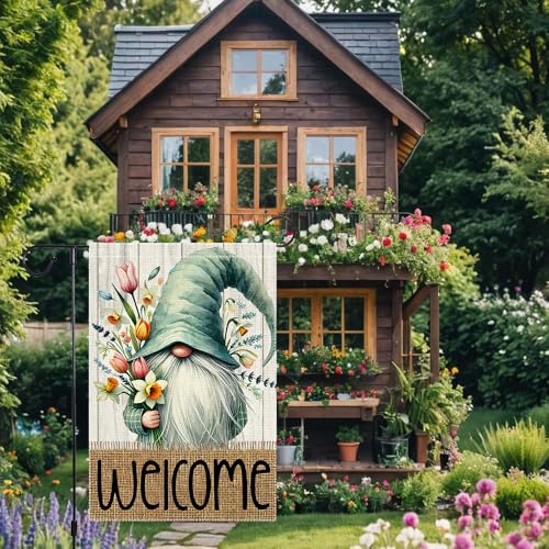 Welcome Spring Garden Flag 12x18 inch Burlap Double Sided Gnome Colorful Floral Small summer Garden Flags Decorations For Outside Yard Home Outdoor Patio Lawn Decor - Image 5