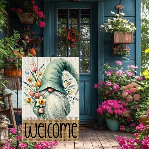Welcome Spring Garden Flag 12x18 inch Burlap Double Sided Gnome Colorful Floral Small summer Garden Flags Decorations For Outside Yard Home Outdoor Patio Lawn Decor - Image 6