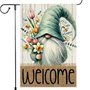 Welcome Spring Garden Flag 12×18 inch Burlap Double Sided Gnome Colorful Floral Small summer Garden Flags Decorations For Outside Yard Home Outdoor Patio Lawn Decor