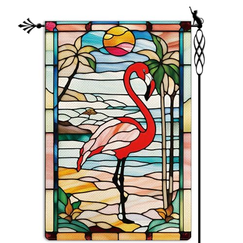 Welcome Summer Garden Flag Spring Summer Flamingo Garden Flag Stained Glass Style Vertical Double Sided Rustic Farmland Burlap Yard Lawn Outdoor Decor 12.5×18″
