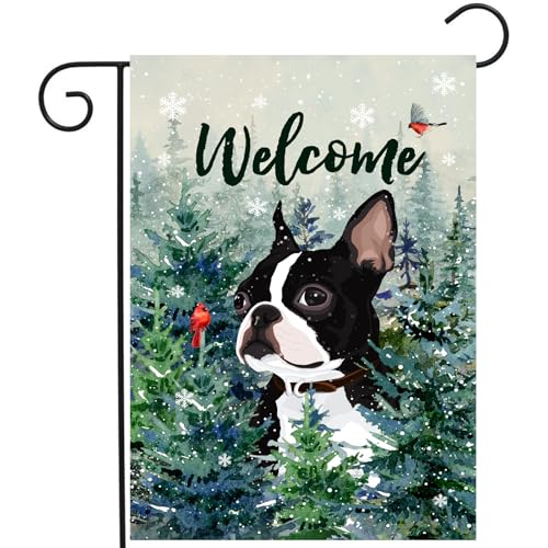 Welcome Winter Garden Flags Boston Terrier Garden Flag Cardinal Birds on Snowy Pine Tree Flag Dog Yard Flags for Outside 12×18 Double Sided Christmas Decorative Lawn Flags