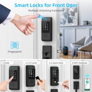 Smart Door Lock with Handle, Miuedo Keyless Entry Lock Deadbolt Handle Set, Inclued WiFi Gateway Smart Deadbolt for Front, Fingerprint, Keypad Code, App Control, Voice Control(Black)