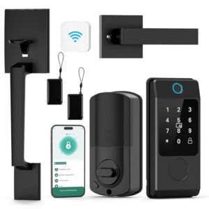 WiFi Front Door Lock Sets with Handle, Fingerprint Keyless Entry and Smart Keypad with Lever Handles, Electronic Screen+WiFi Gateway, APP Control, Auto-Lock, Voice Control