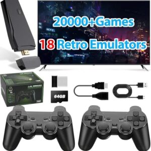 Wireless Retro Game Console Stick Built-in 20000+ Classic Games, 4K HDMI Output Nostalgia Plug & Play Retro Video Gaming Stick with 18 Emulators and Dual 2.4G Wireless Controller(64GB)