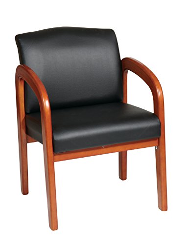 WorkSmart Office Star WD380-U6 Medium Visitors Chair with Oak Finish Base and Arms, Black Faux Leather