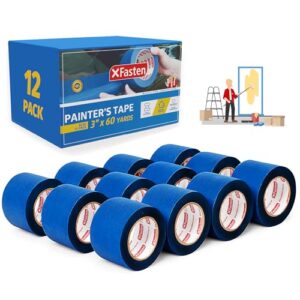 XFasten Blue Painters Tape Bulk 3-Inch x 60-Yards (12-Pack, 2160ft Total) Wall Safe Painters Tape 3 Inch Wide, Blue Masking Tape Bulk, Paint Tape for Walls, Painting, Automotive