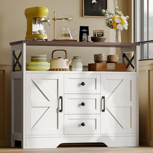 YGEOMER Buffet Cabinet Sideboard Farmhouse Coffee Bar with 3 Drawers and 2 Doors, Wood Kitchen Table Wine Bar Storage Cabinet for Dining Room
