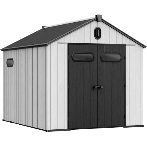 YITAHOME 8x10ft Resin Storage Structure, Outdoor 544 cuft Plastic Garden Storage Unit with Windows, Vents and Lockable Entrance, Waterproof Tool Organizer with Flooring for Lawn Equipment,Gray