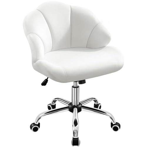 Yaheetech Cute Velvet Desk Chair Home Office Chair Shell-Shaped Back Vanity Chair Modern Swivel Chair with Wheels Adjustable Height for Bedroom White