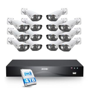ZOSI 24CH 4K Spotlight PoE Security Camera System,14pcs 4K Outdoor Cameras,Face/Person/Vehicle Detection,2 Way Audio,Night Vision,16 Port 24CH 8MP Dual-Disk NVR with 4TB HDD for 24/7 Recording