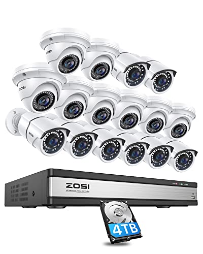 ZOSI 4K 16CH PoE Home Security Cameras System,4K 8MP 16CH H.265 CCTV NVR with 4TB HDD and 16 x 5MP Indoor Outdoor PoE IP Bullet Dome Cameras with Night Vision,Remote Access for 24/7 Recording