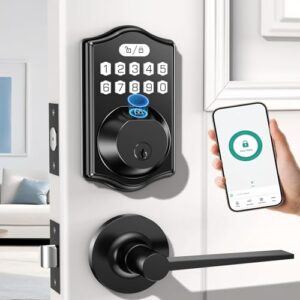 keyless Entry Door Lock deadbolt with Handle Set- Front Door Fingerprint Smart Locks with 2 Lever Handles-Keypad Code Deadbolt -App Control,Auto Lock,Easy to Install