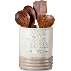 vancasso Sabine Utensil Holder, 7.2″ Large Utensil Crock for Kitchen Counter, Ceramic Utensil Crock Storage, Matte Cream-Colored Farmhouse Utensil Organizer, Utensil Storage for Home Décor, Gifts
