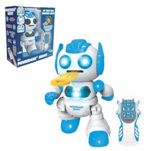 LEXiBOOK, Powerman Shoot – My First Throwing-disc Robot, Programmable Remote Control Robot, Plays Music and Dances, Sound and Light Effects, 12 Foam Discs, ROB17